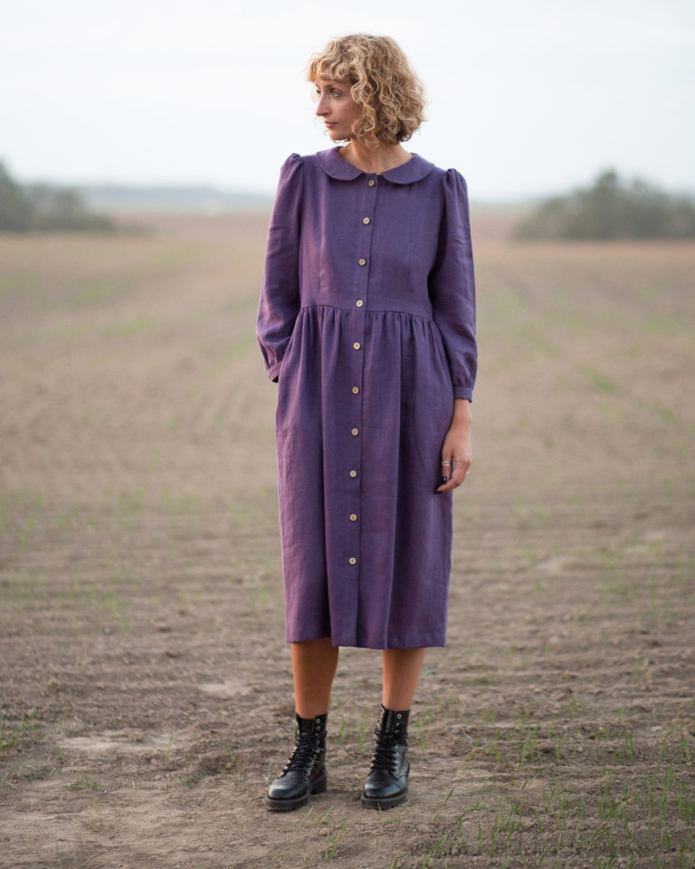 Long sleeve linen dress with button closure – OffOn