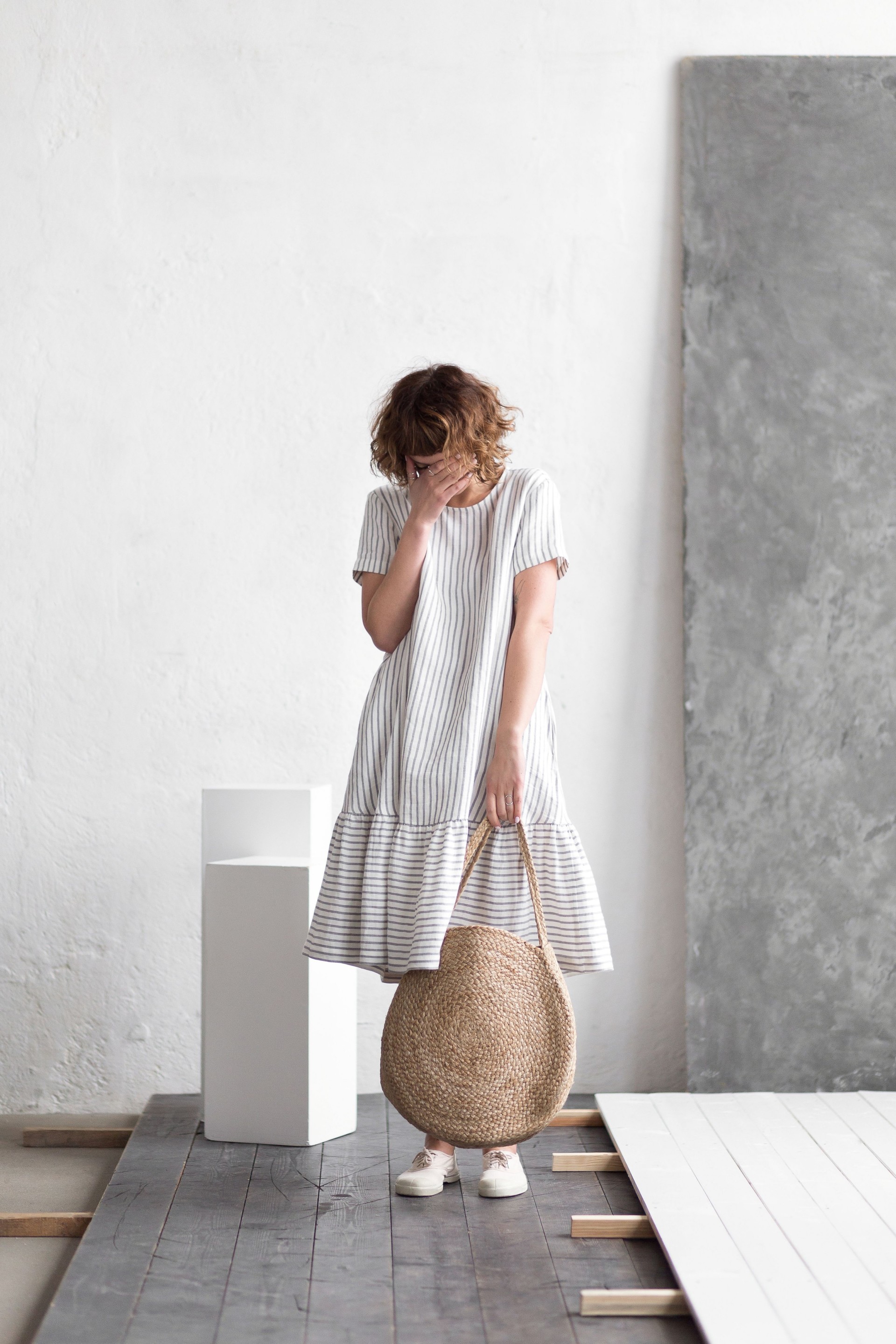 Frilled Hem Linen Dress - Marine