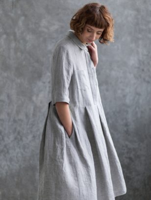 Linen shirt collar pleated skirt dress | Dress | Sustainable clothing | OffOn clothing