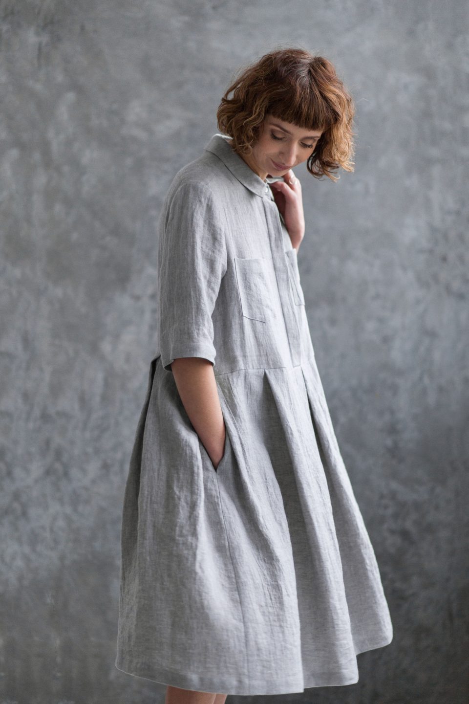 Linen shirt collar pleated skirt dress | Dress | Sustainable clothing | OffOn clothing