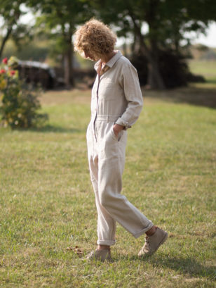 Long sleeve linen coverall in beige | Jumpsuits | Sustainable clothing | OffOn clothing