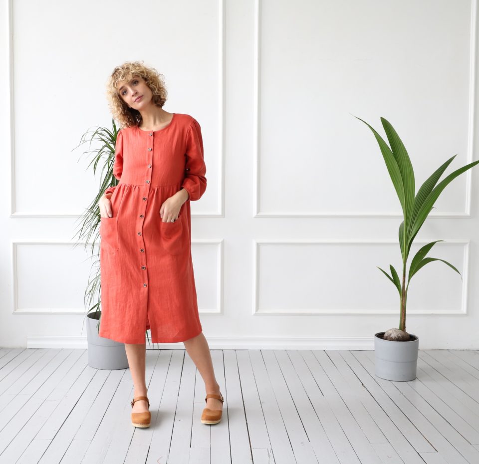 Loose Patch pockets linen dress | Dress | Sustainable clothing | OffOn clothing