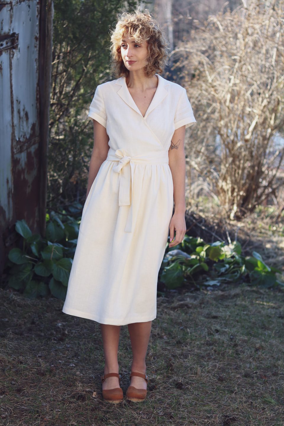Linen wrap dress in ivory – OffOn
