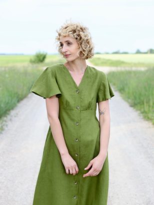 Linen dress with frill sleeves in moss green color | Dress | Sustainable clothing | OffOn clothing