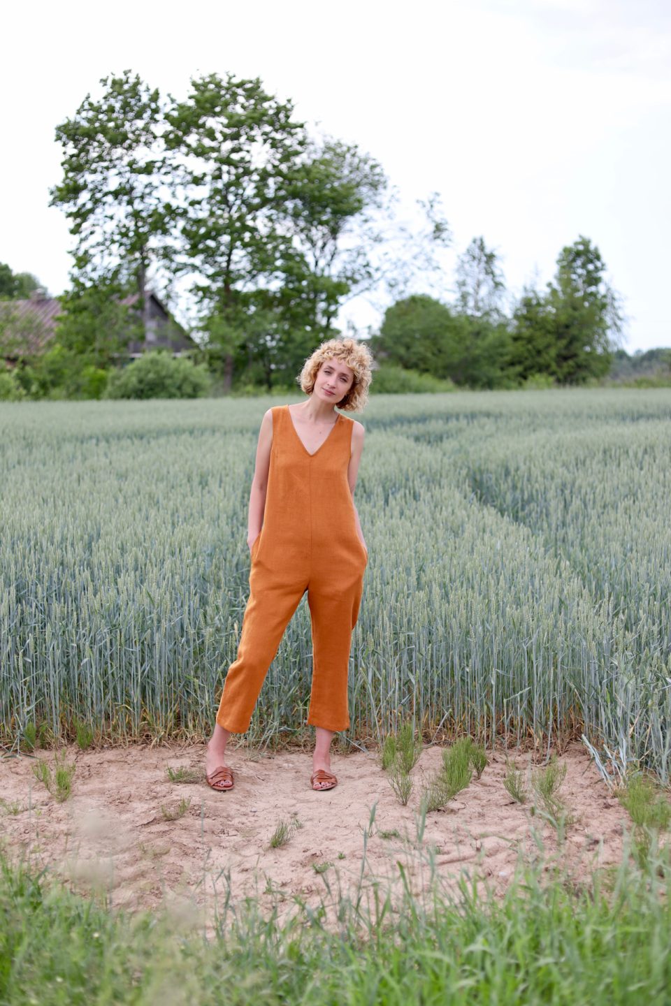 Sleeveless linen jumpsuit in meerkat color | Jumpsuits | Sustainable clothing | OffOn clothing