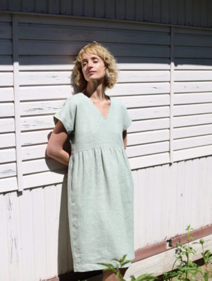 V-neck linen dress in sage green color | Dress | Sustainable clothing | OffOn clothing
