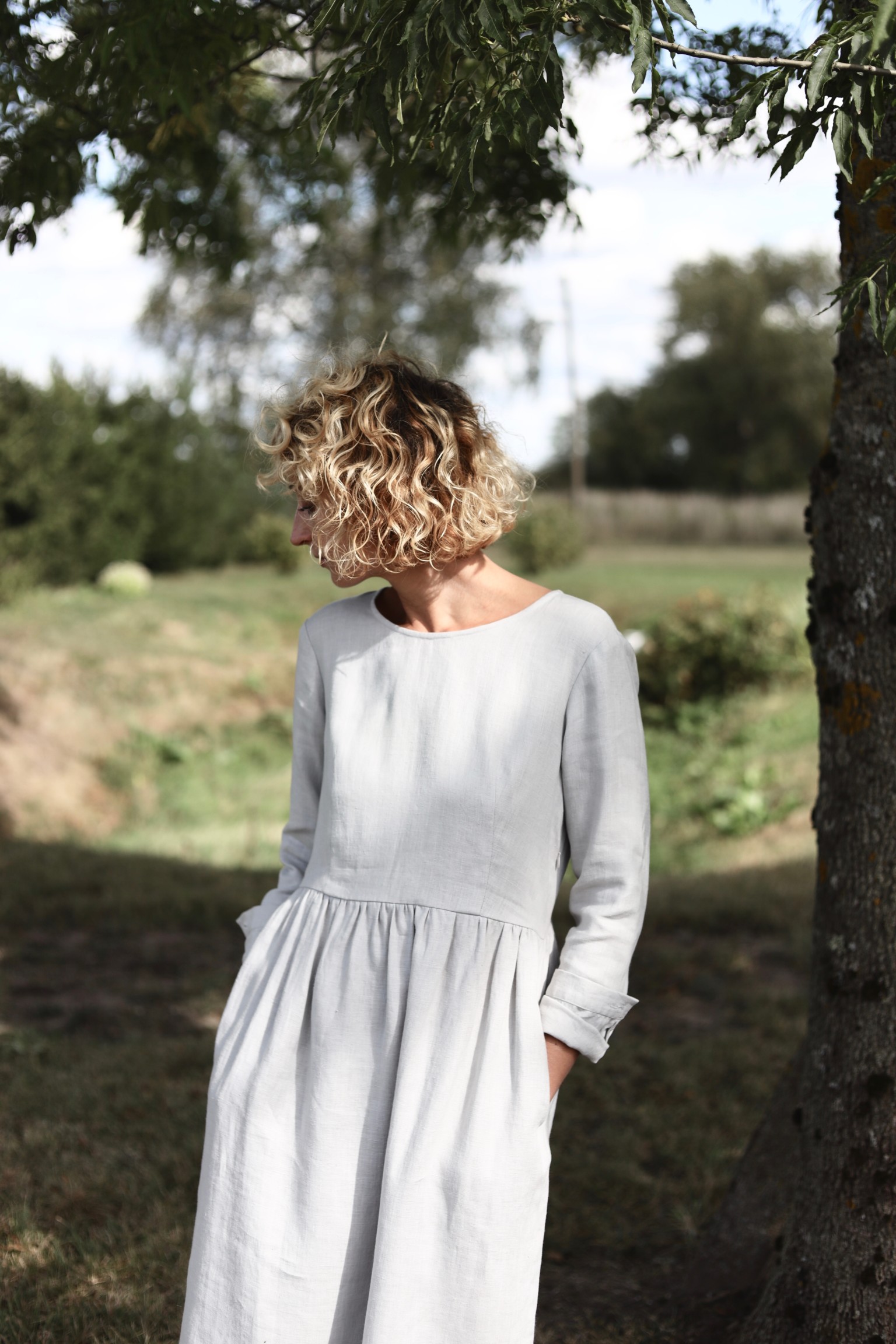 Grey fitted long sleeve linen dress – OffOn