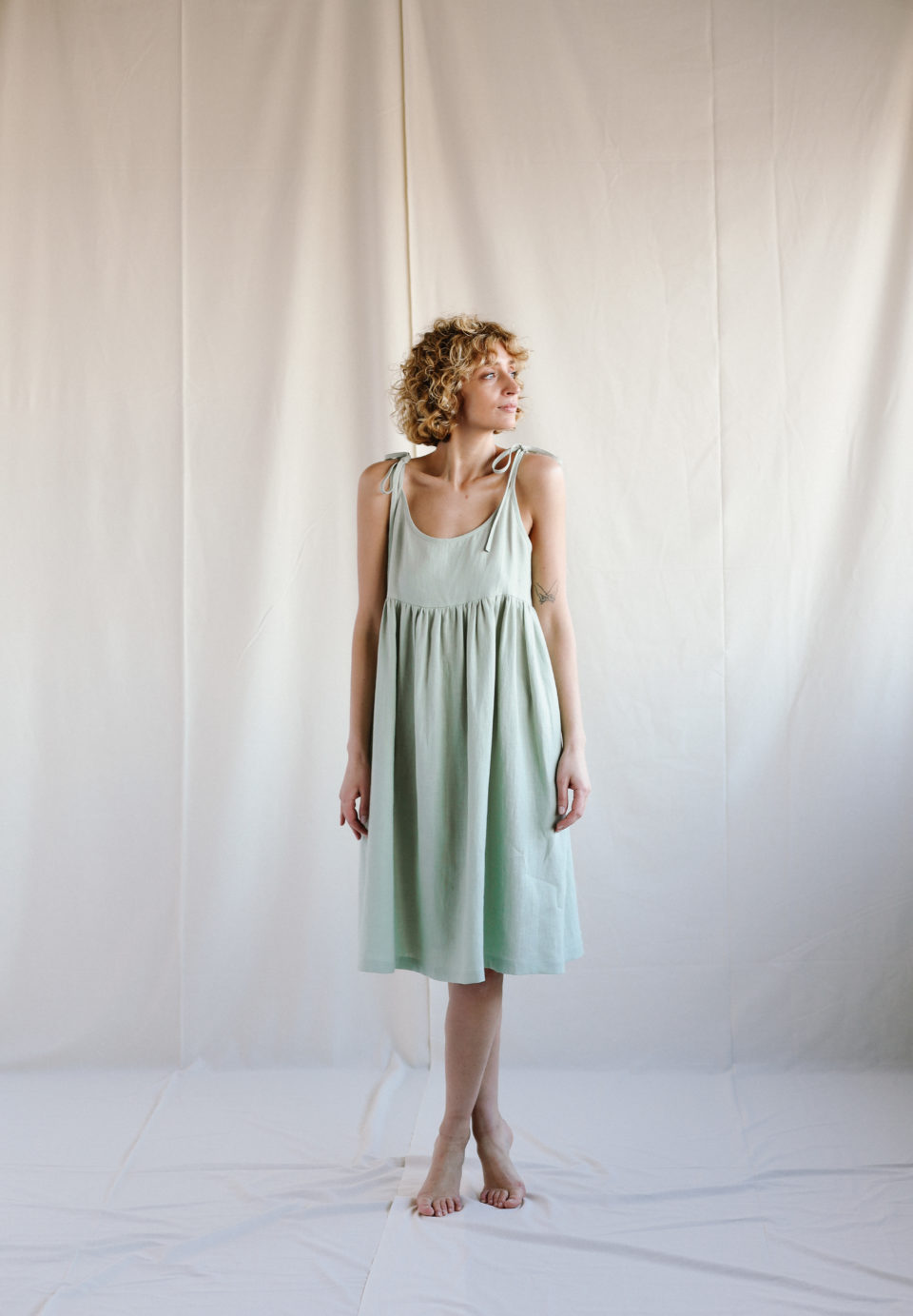 Loose linen dress in sage green color | Dress | Sustainable clothing | OffOn clothing