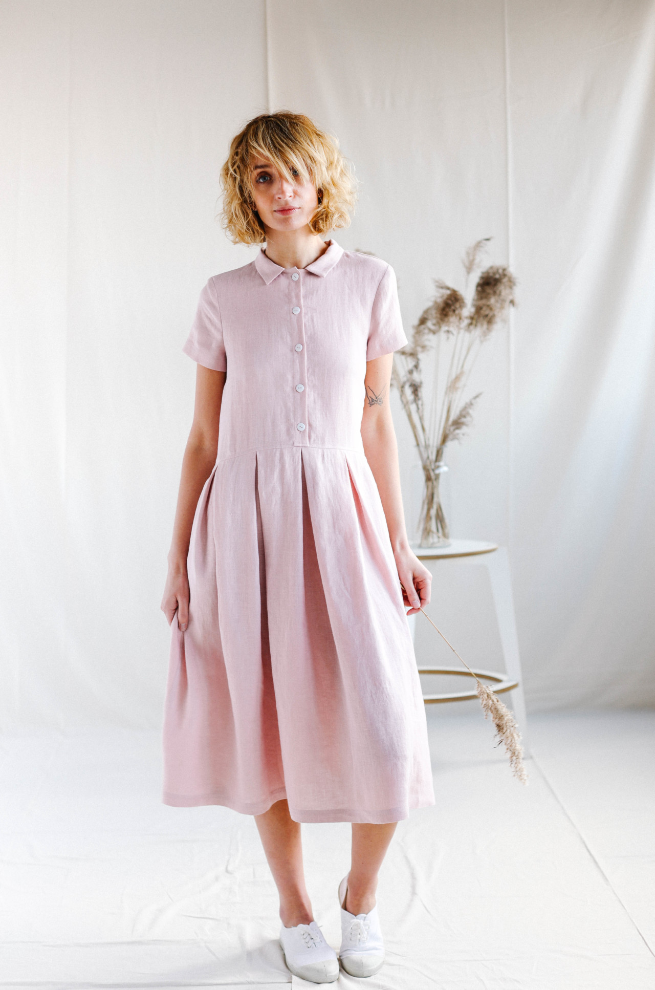 Linen Pleated Skirt Shirt Dress – OffOn