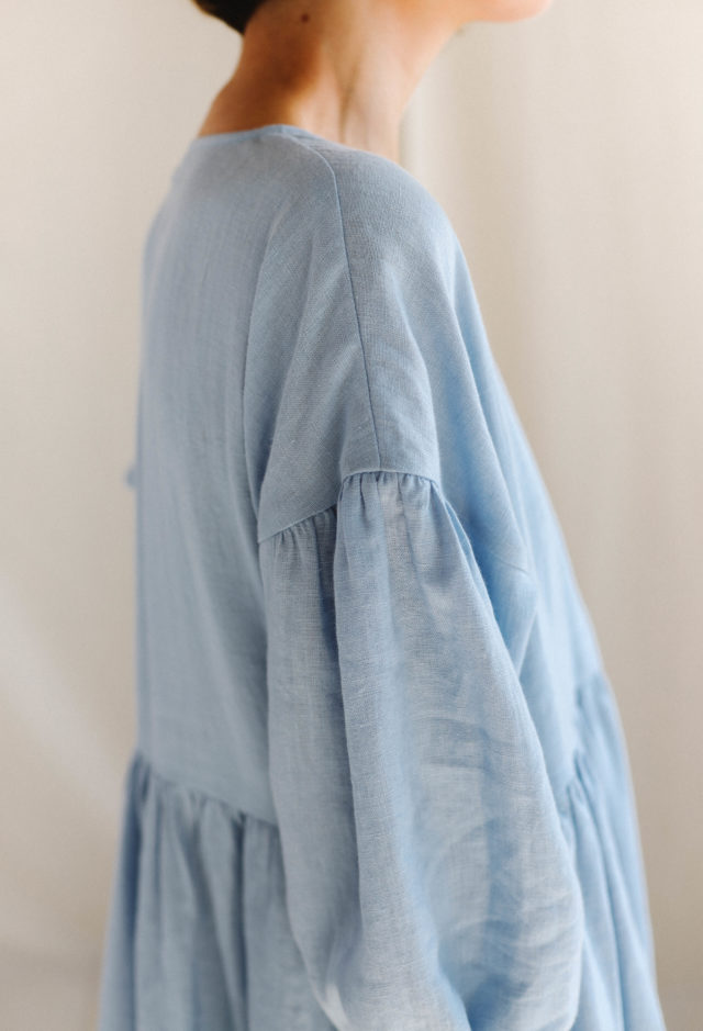 Linen V-neck puffy sleeve dress – OffOn