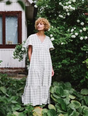 Tiered Maxi linen check dress | Dress | Sustainable clothing | OffOn clothing