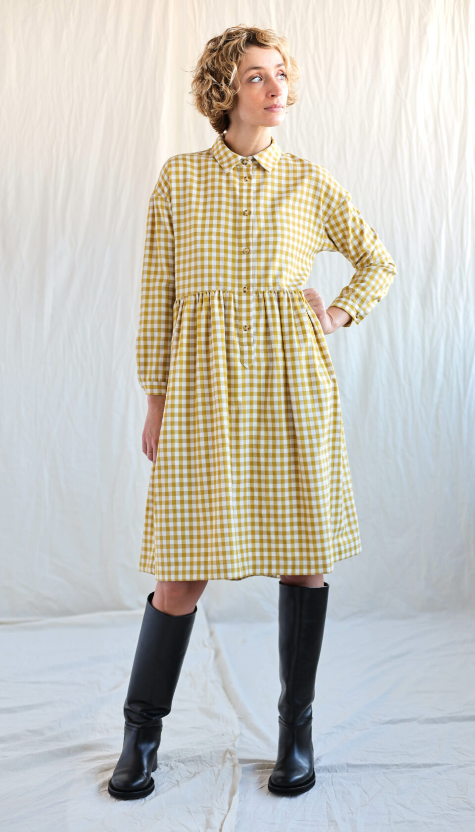Gingham loose fit shirt dress OCHRE | Dress | Sustainable clothing | OffOn clothing