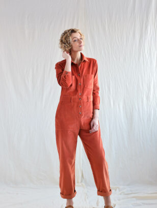 Needlecord long sleeve boiler suit in brick orange | Jumpsuits | Sustainable clothing | OffOn clothing