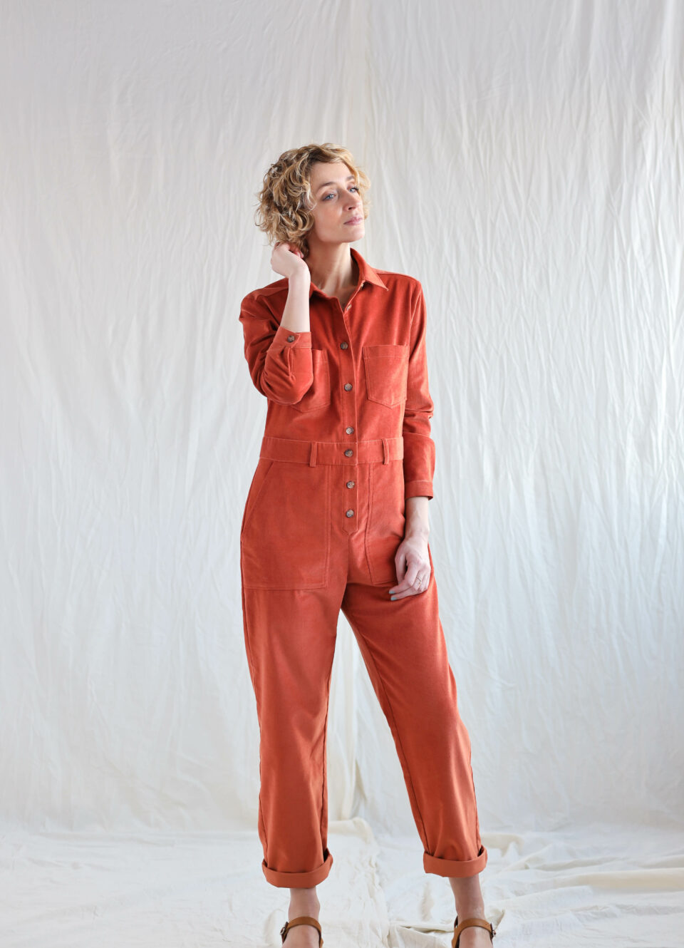 Needlecord long sleeve boiler suit in brick orange | Jumpsuits | Sustainable clothing | OffOn clothing