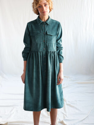 Needlecord button down shirtdress in petrol color | Dress | Sustainable clothing | OffOn clothing