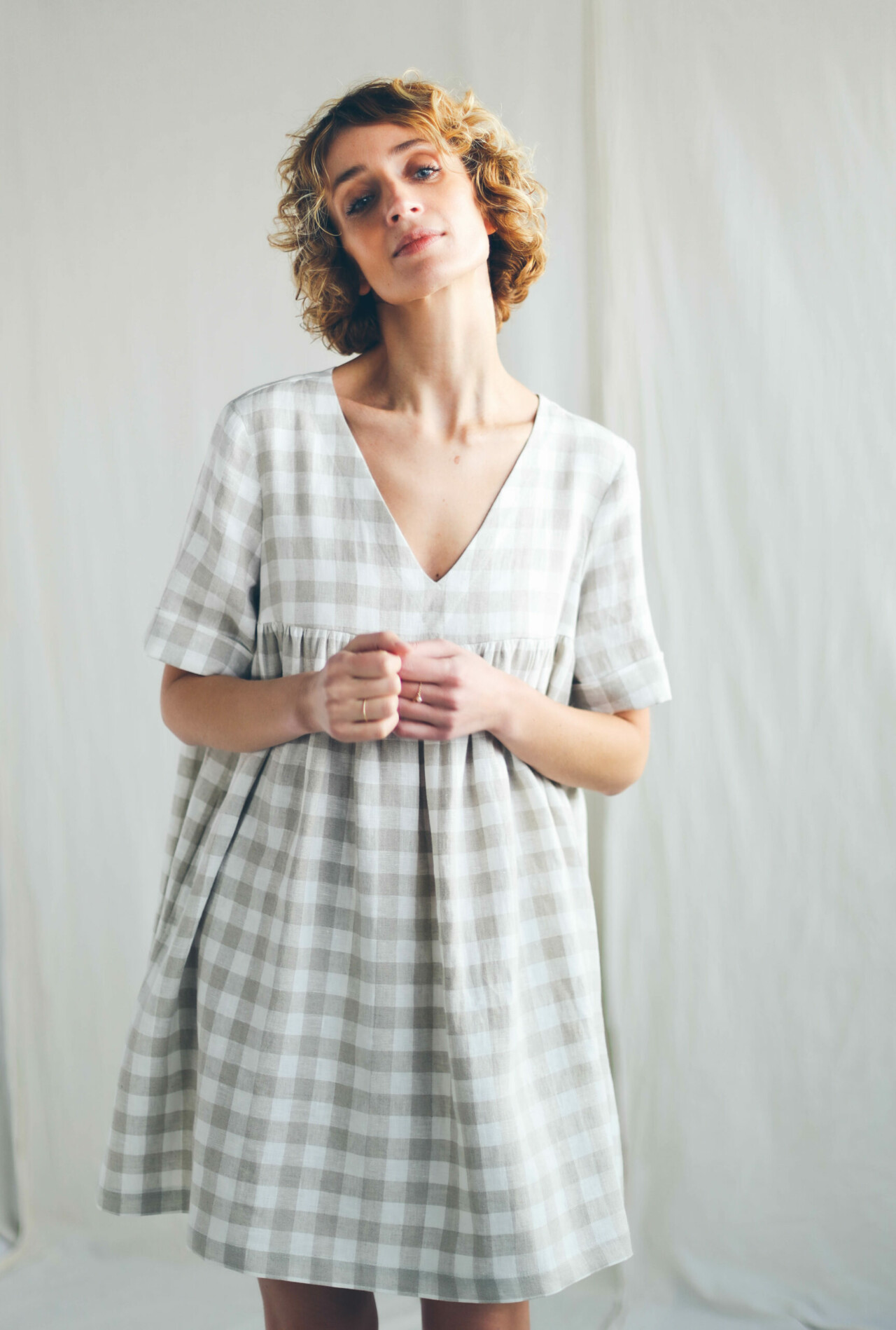 Checkered linen smock mini dress CECILE – OffOn