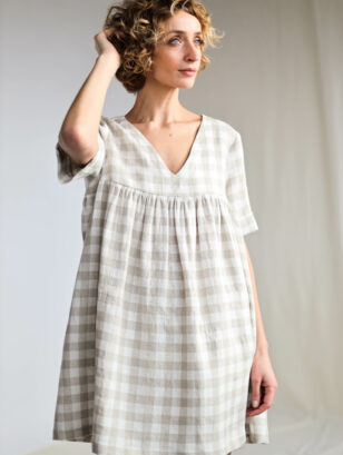 Checkered linen smock mini dress CECILE | Dress | Sustainable clothing | OffOn clothing