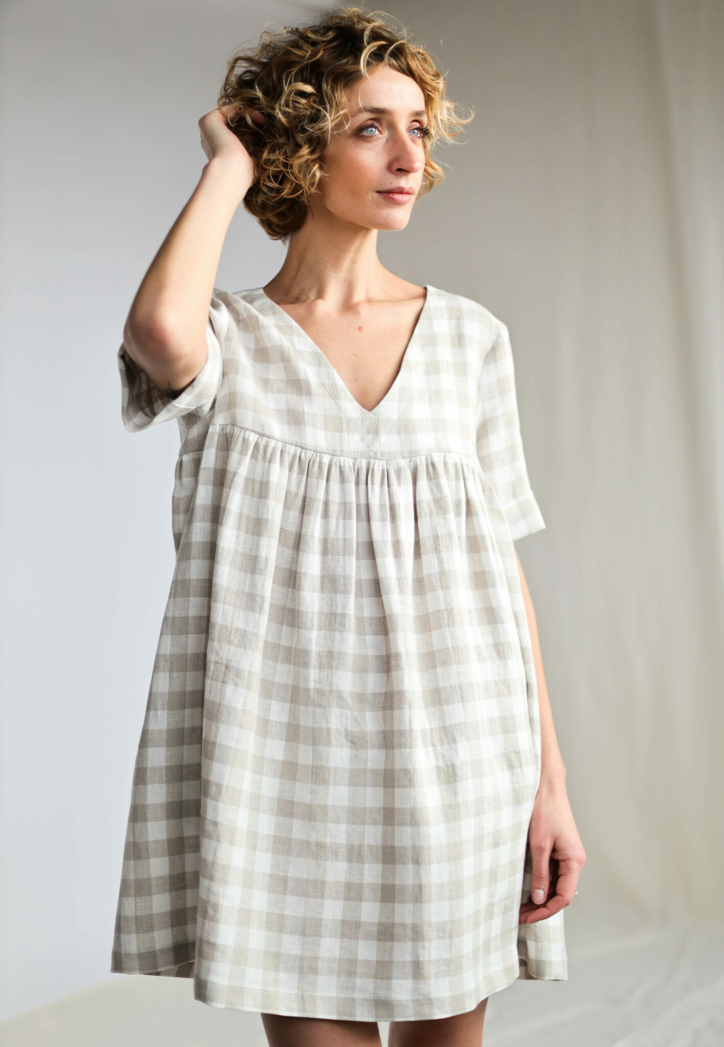 Checkered linen smock mini dress CECILE – OffOn