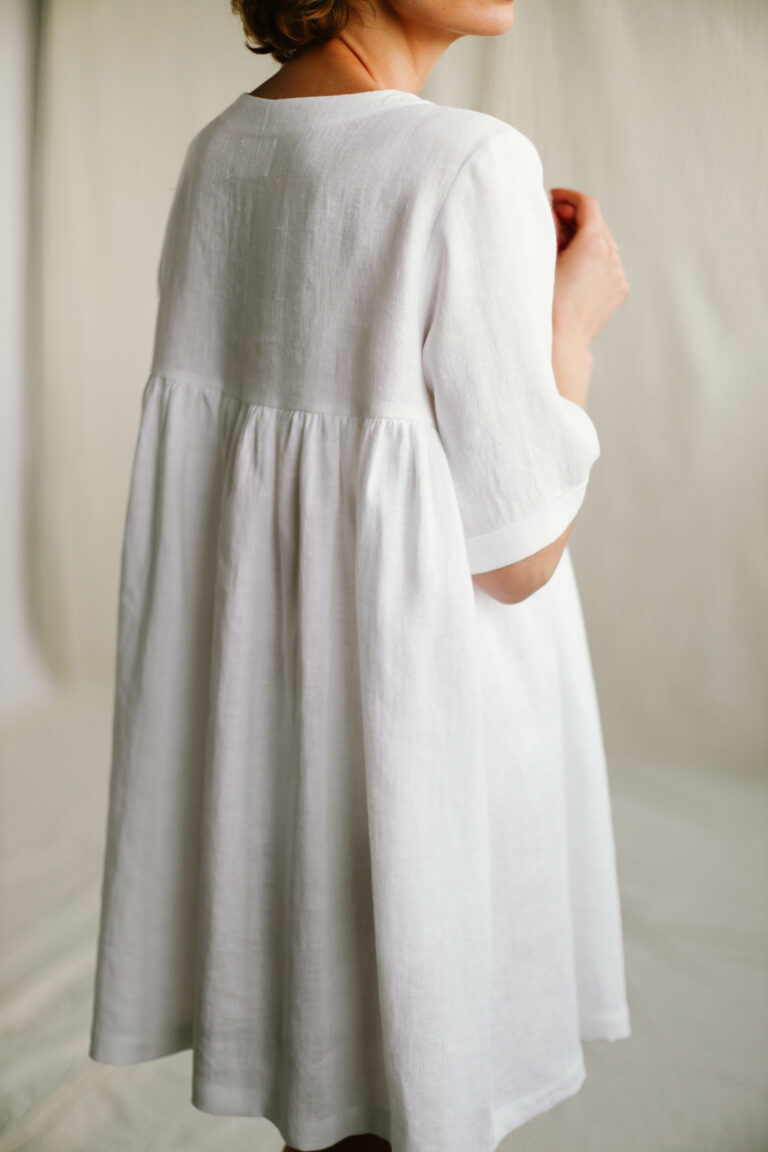 White linen smock mini dress CECILE – OffOn