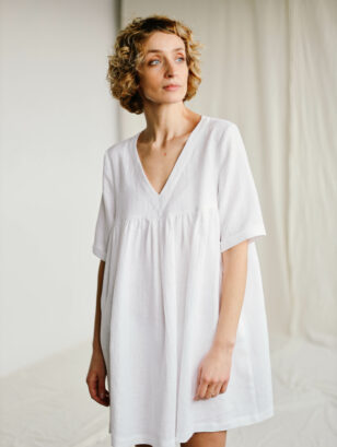 White linen smock mini dress CECILE | Dress | Sustainable clothing | OffOn clothing