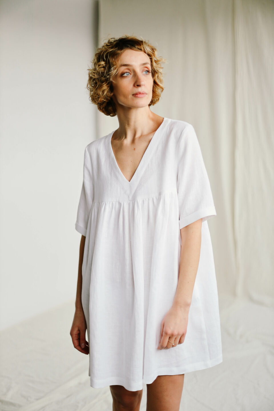 White linen smock mini dress CECILE | Dress | Sustainable clothing | OffOn clothing