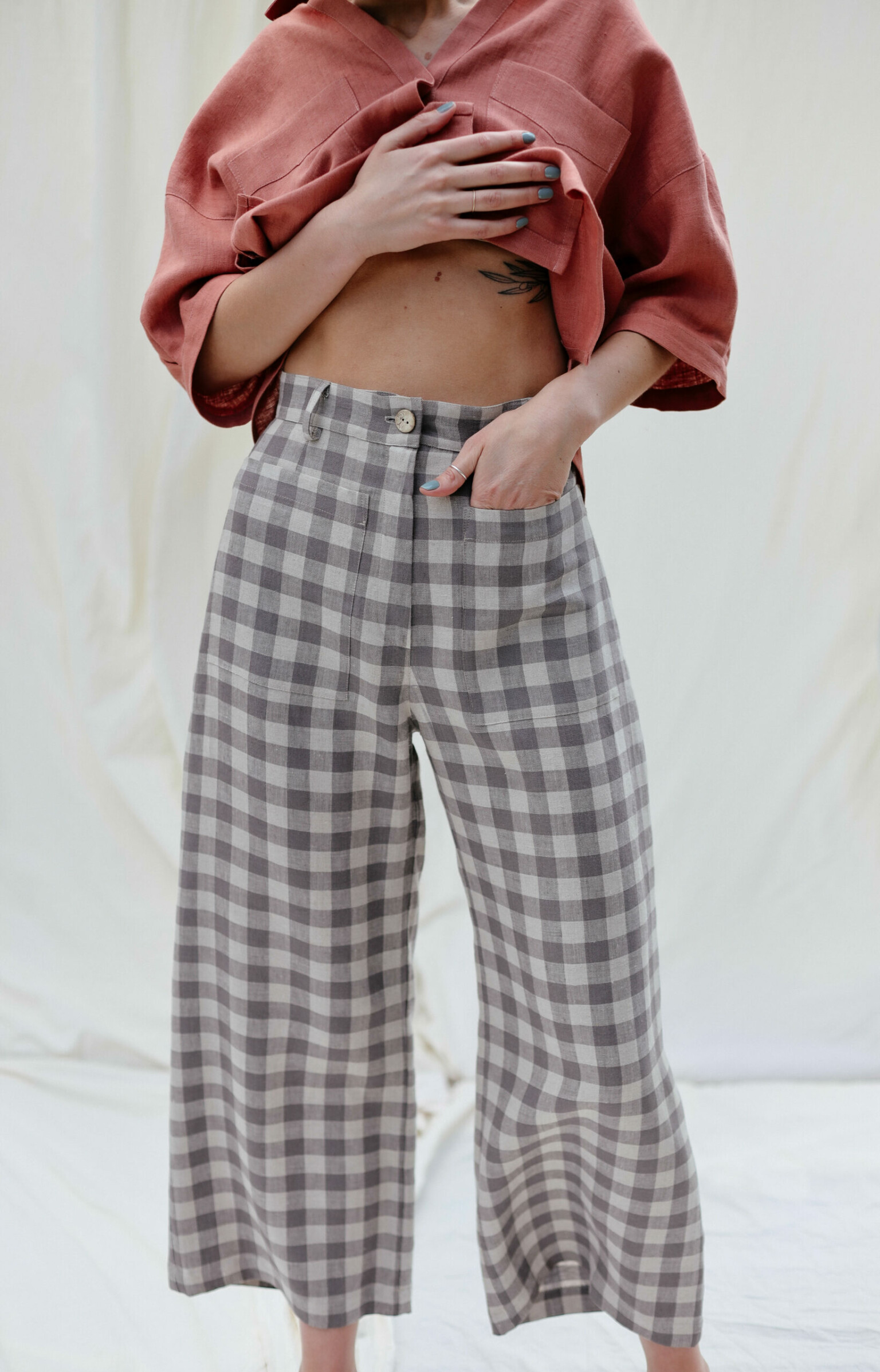 Checkered linen high waist culottes – OffOn