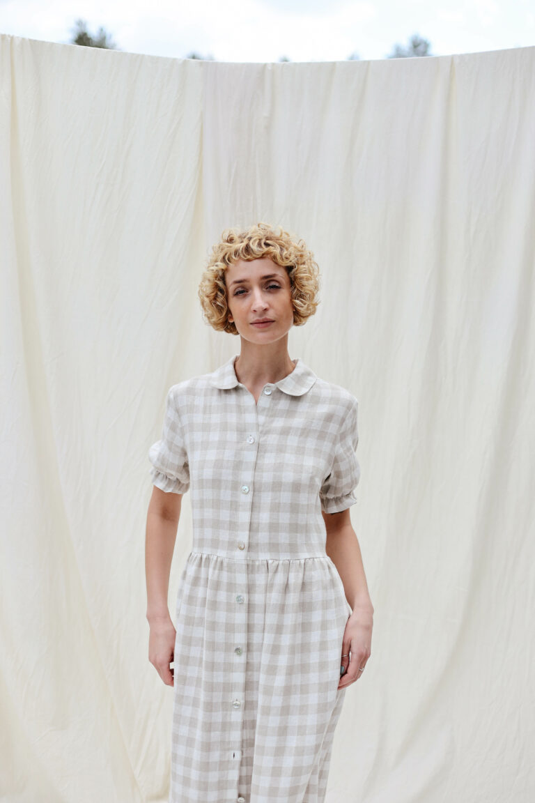 Checkered linen button down dress MAY – OffOn