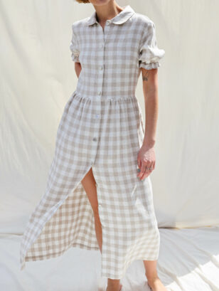 Checkered linen button down dress MAY | Dress | Sustainable clothing | OffOn clothing