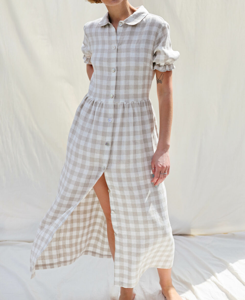 Checkered linen button down dress MAY | Dress | Sustainable clothing | OffOn clothing