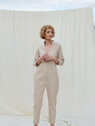 Relaxed fit denim jumpsuit in beige | Jumpsuits | Sustainable clothing | OffOn clothing