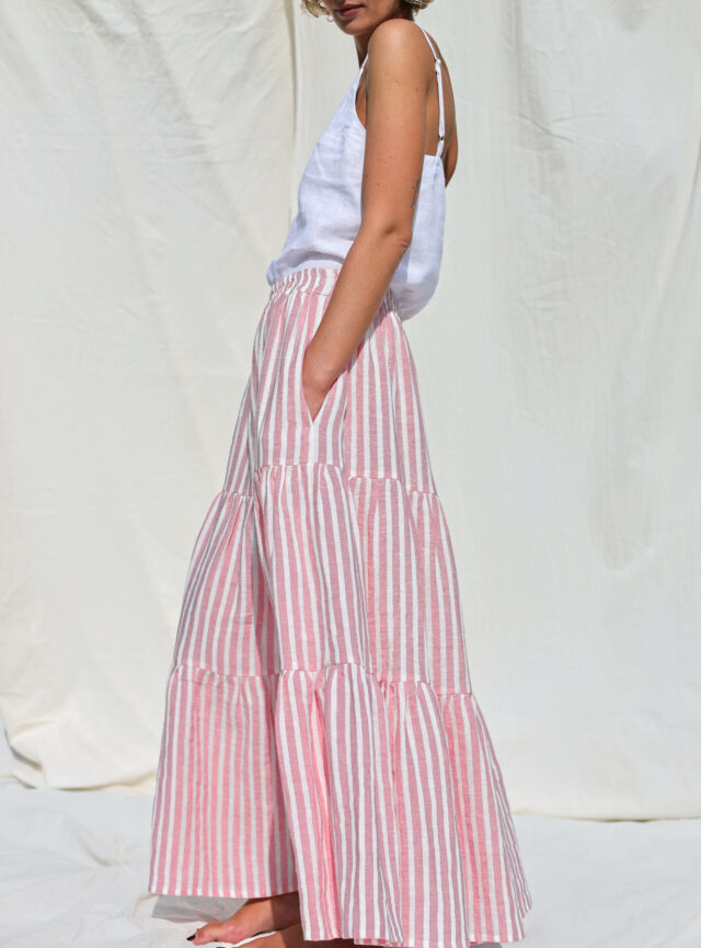 Maxi striped linen tiered skirt with elasticated waist – OffOn