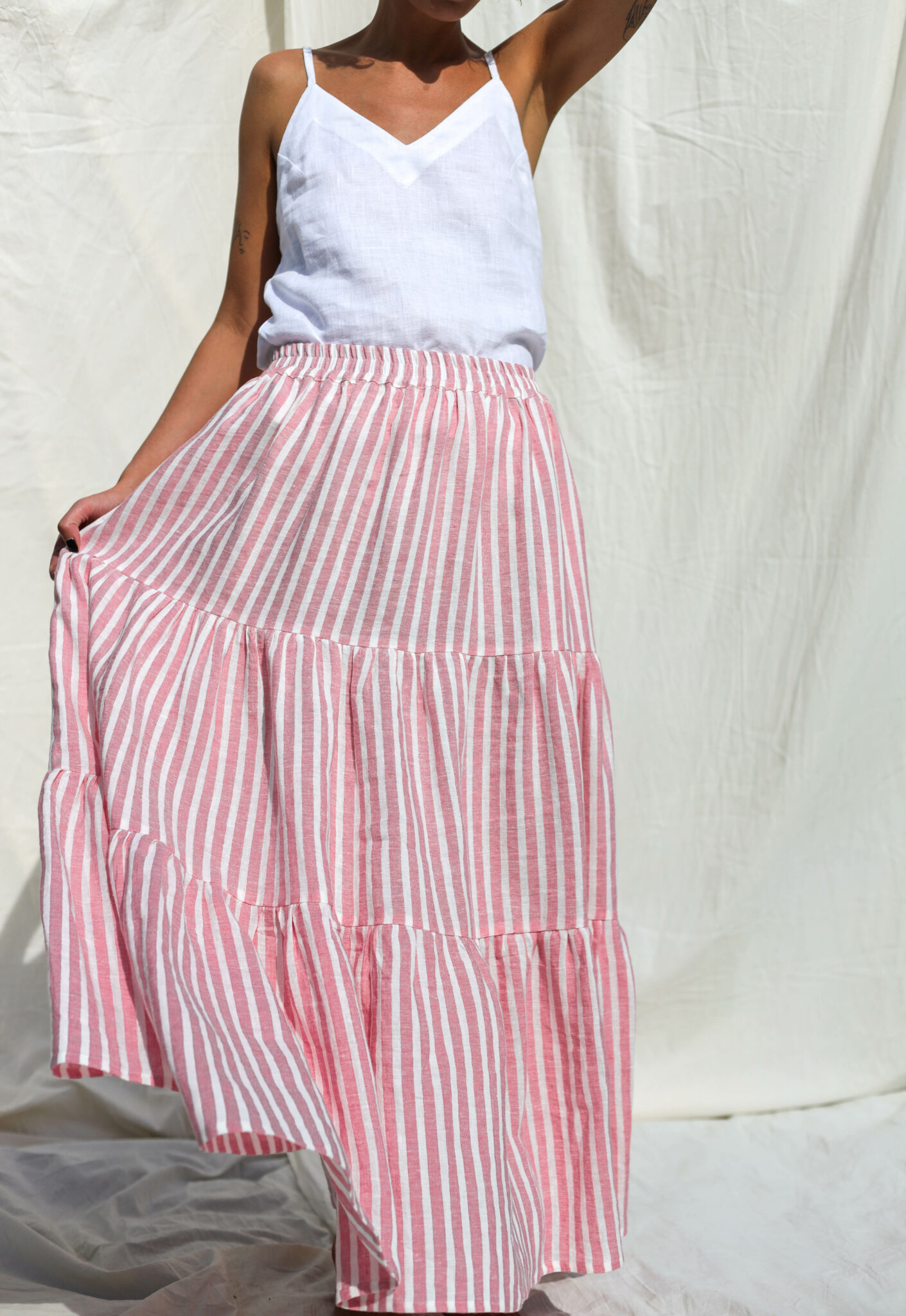 ELASTICATED WAIST STRIPED LINEN SKIRT