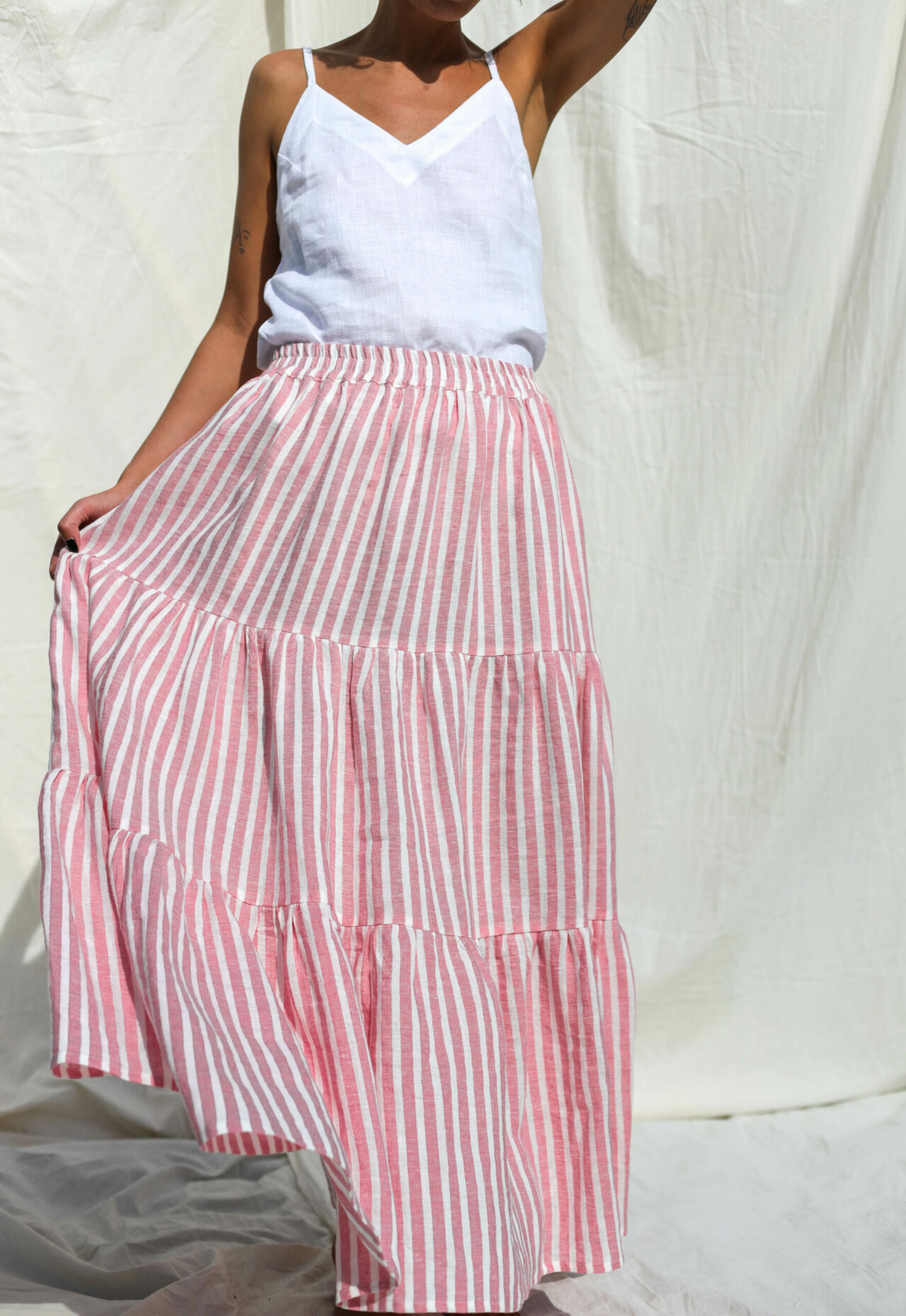 Maxi striped linen tiered skirt with elasticated waist – OffOn