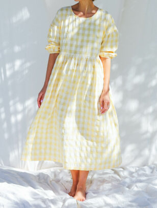 Yellow seersucker checks dress PERLA | Dress | Sustainable clothing | OffOn clothing