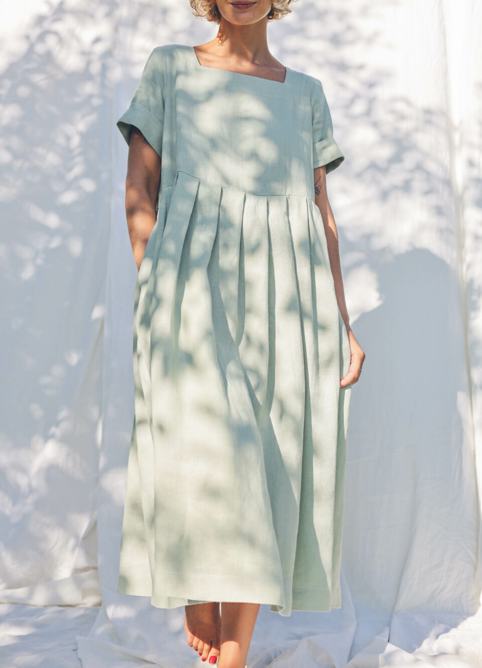 Sage green linen square neck dress SANTA | Dress | Sustainable clothing | OffOn clothing