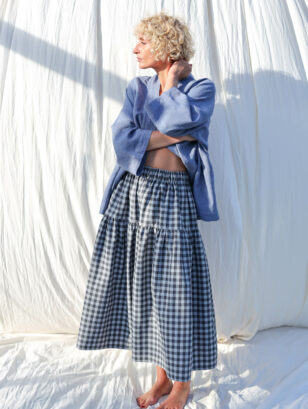 Checkered organic cotton tiered skirt with elasticated waist