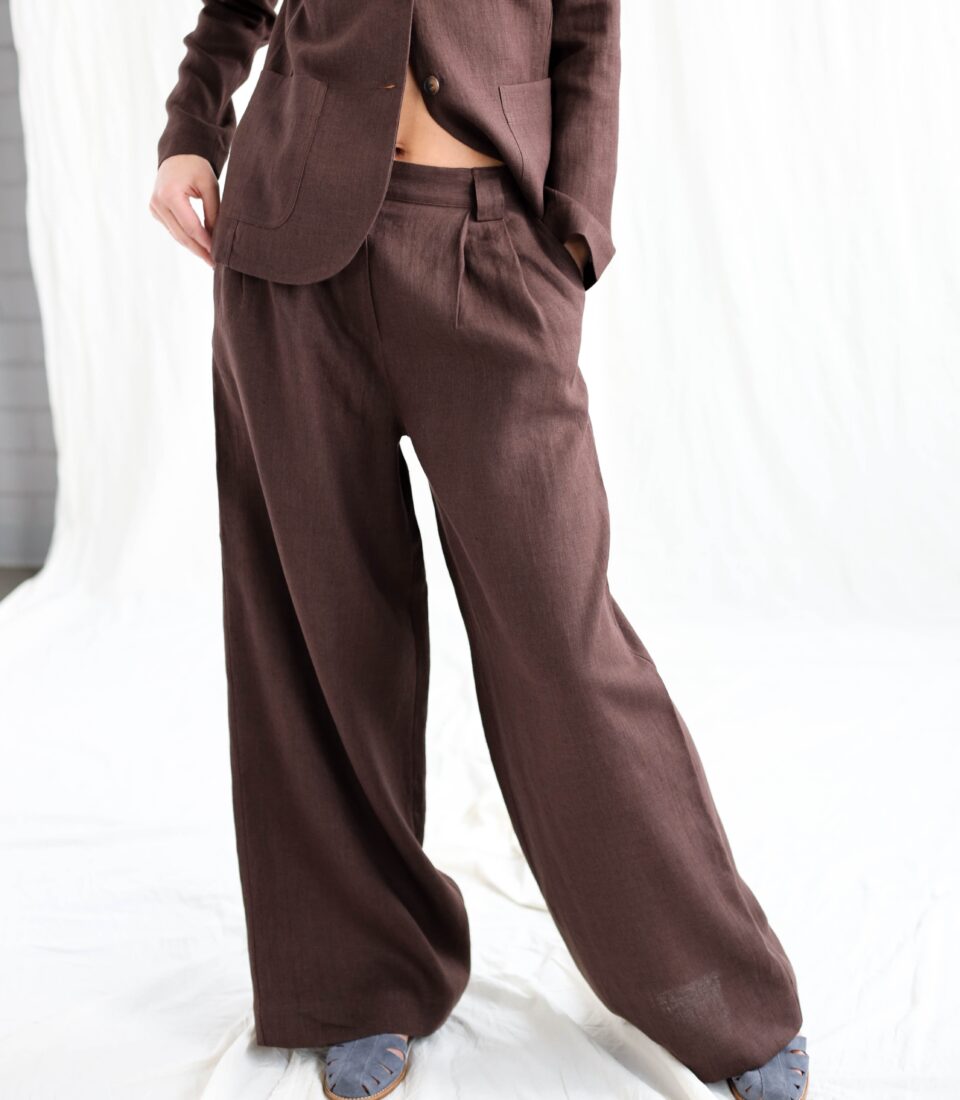 Pleated linen palazzo trousers | Bottoms | Brown | Sustainable clothing | OffOn clothing