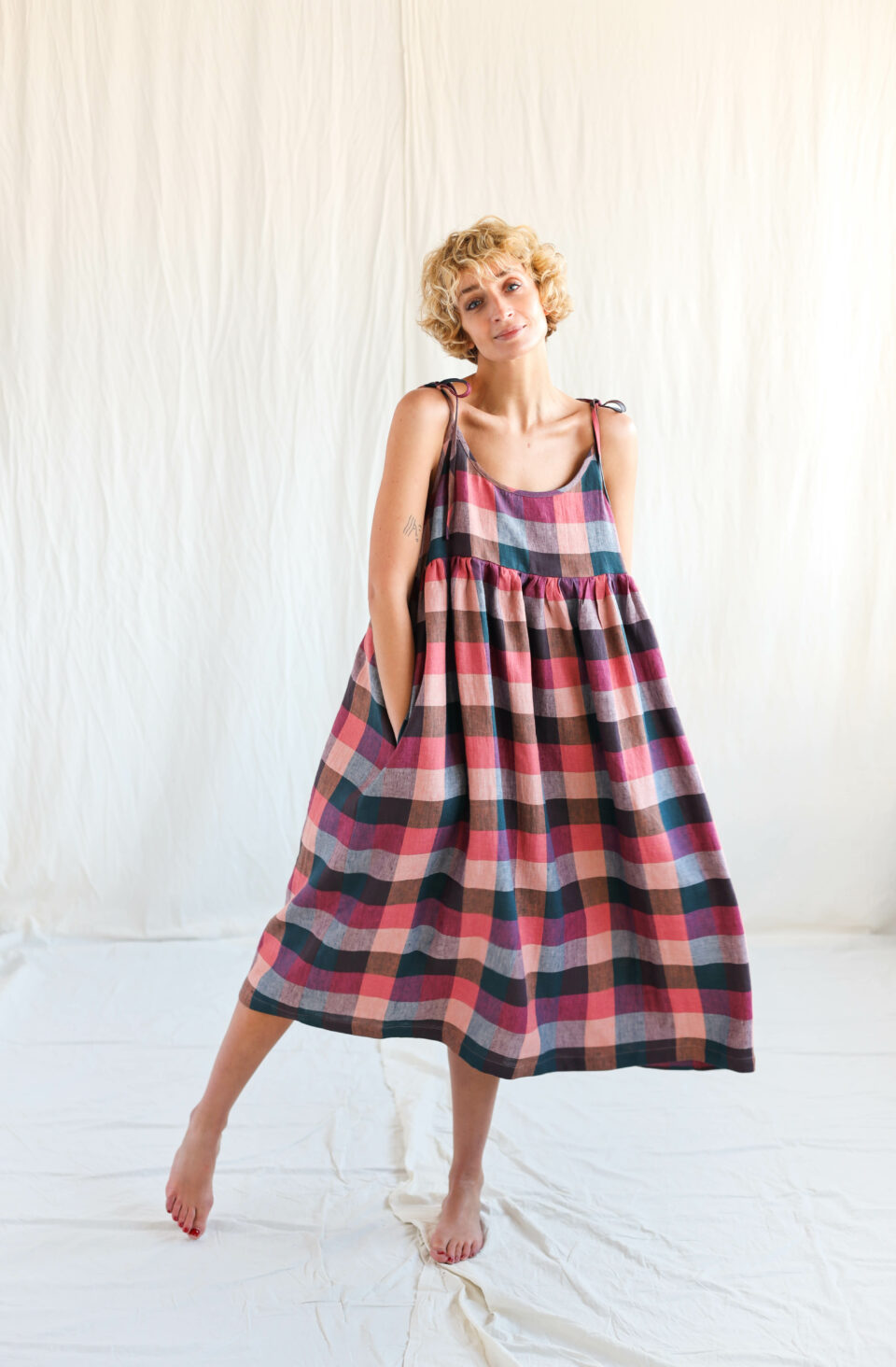 Loose tie strap linen sundress in checks | Dress | Multicolored Check | Sustainable clothing | OffOn clothing
