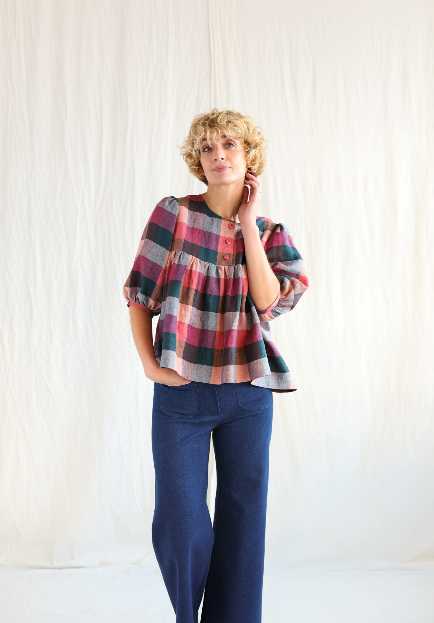 Checkered linen puff sleeve top – OffOn