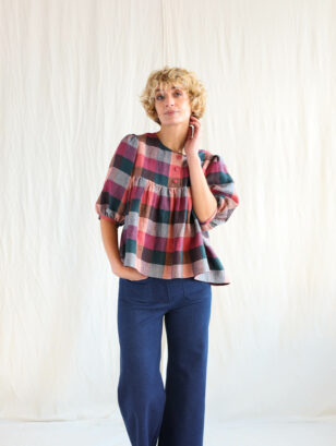 Checkered linen puff sleeve top | Tops | Multicolored Checks | Sustainable clothing | OffOn clothing