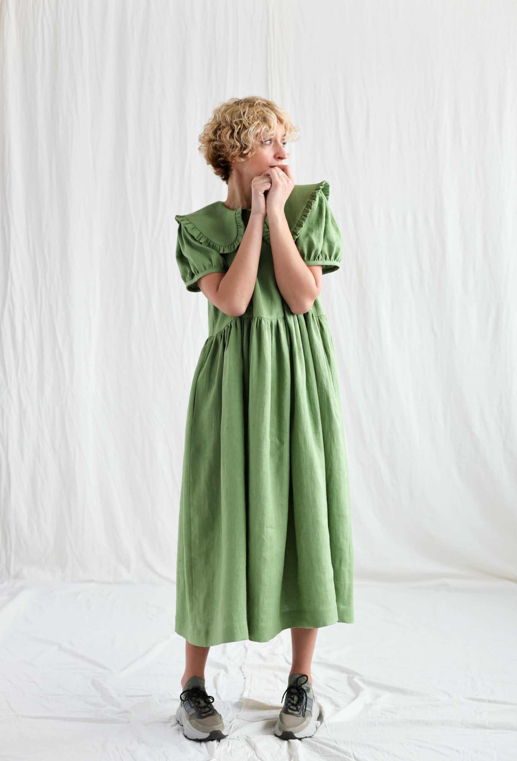 Foliage linen puritan collar dress store MARTA / OFFON Clothing