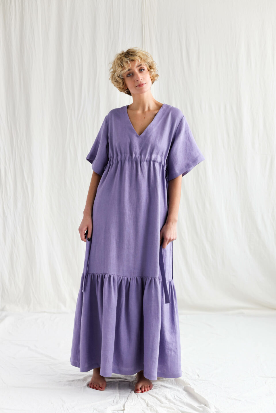 Lavender linen maxi dress with adjustable waist ties | Dress | Lavender | Sustainable clothing | OffOn clothing