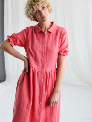 Coral linen button through summer dress | Dress | Coral | Sustainable clothing | OffOn clothing