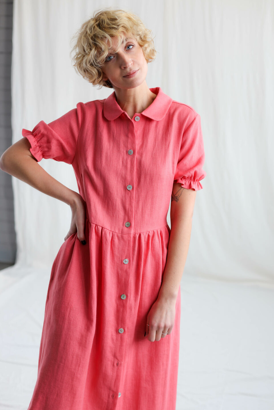 Coral linen button through summer dress | Dress | Coral | Sustainable clothing | OffOn clothing