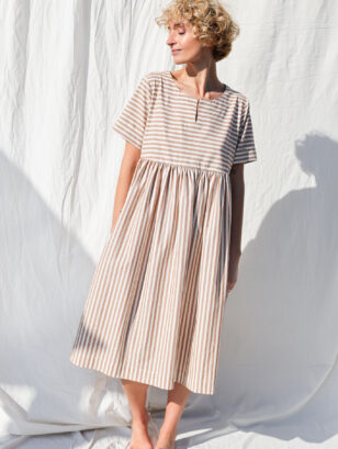 Striped organic cotton short sleeve midi dress | Dress | Sustainable clothing | OffOn clothing