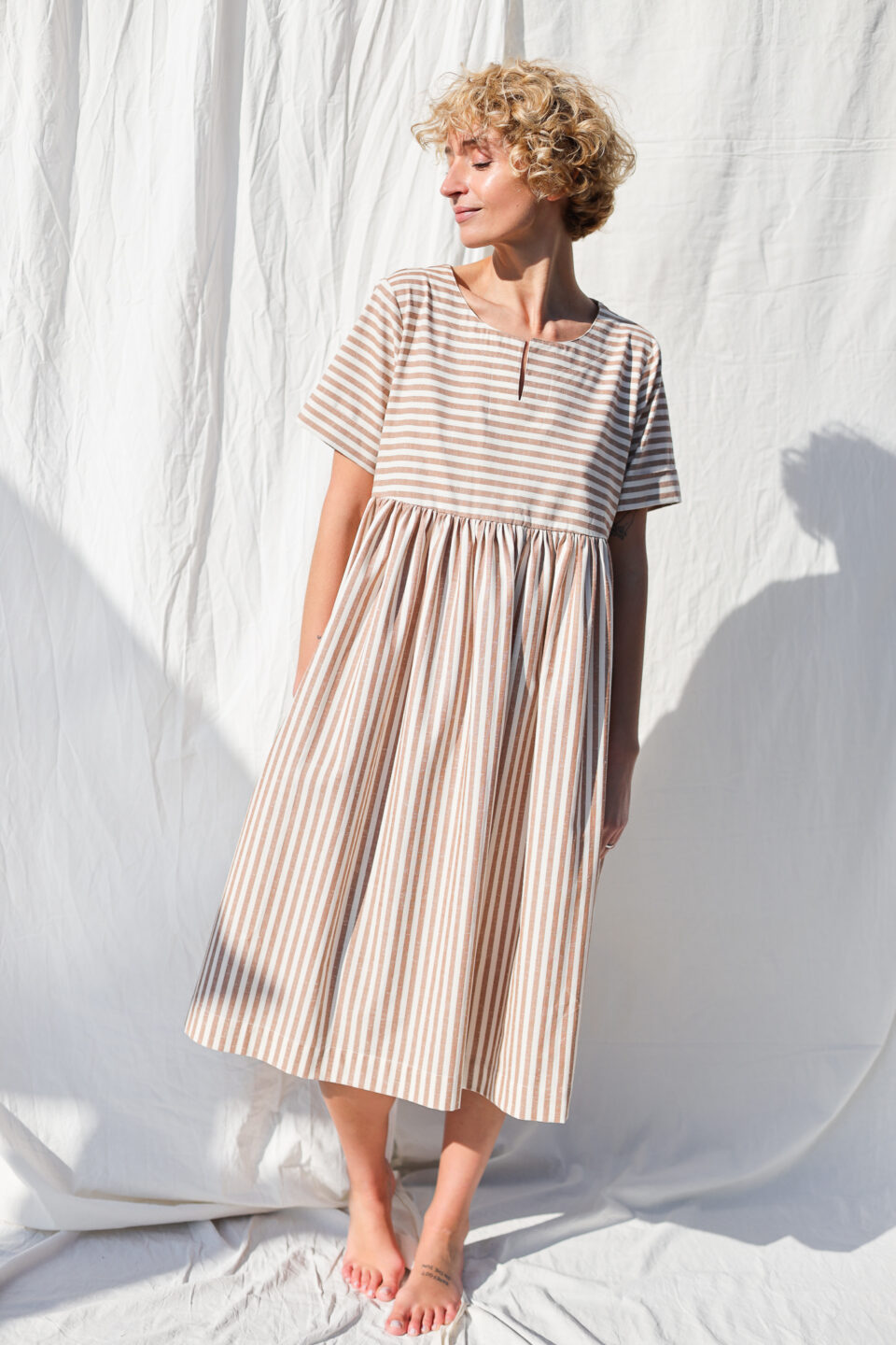 Striped organic cotton short sleeve midi dress | Dress | Sustainable clothing | OffOn clothing