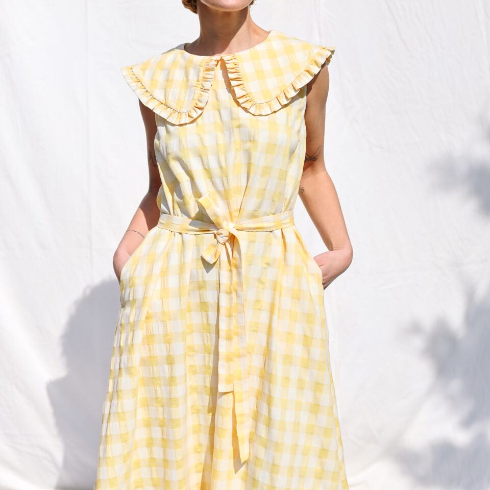 Collared sleeveless summer dress in yellow seersucker checks | Dress | Sustainable clothing | OffOn clothing