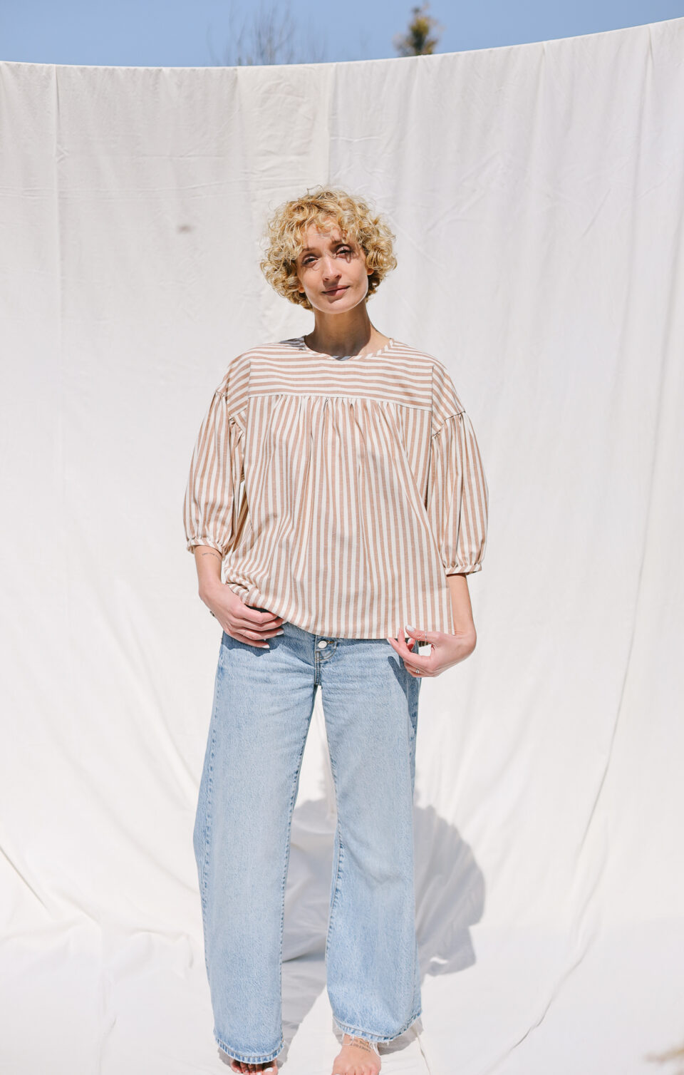 Dropped shoulders striped organic cotton blouse LIA | Top | Sustainable clothing | OffOn clothing
