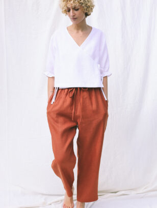 Linen pull on trousers with elastic waistband | Trousers | Sustainable clothing | OffOn clothing