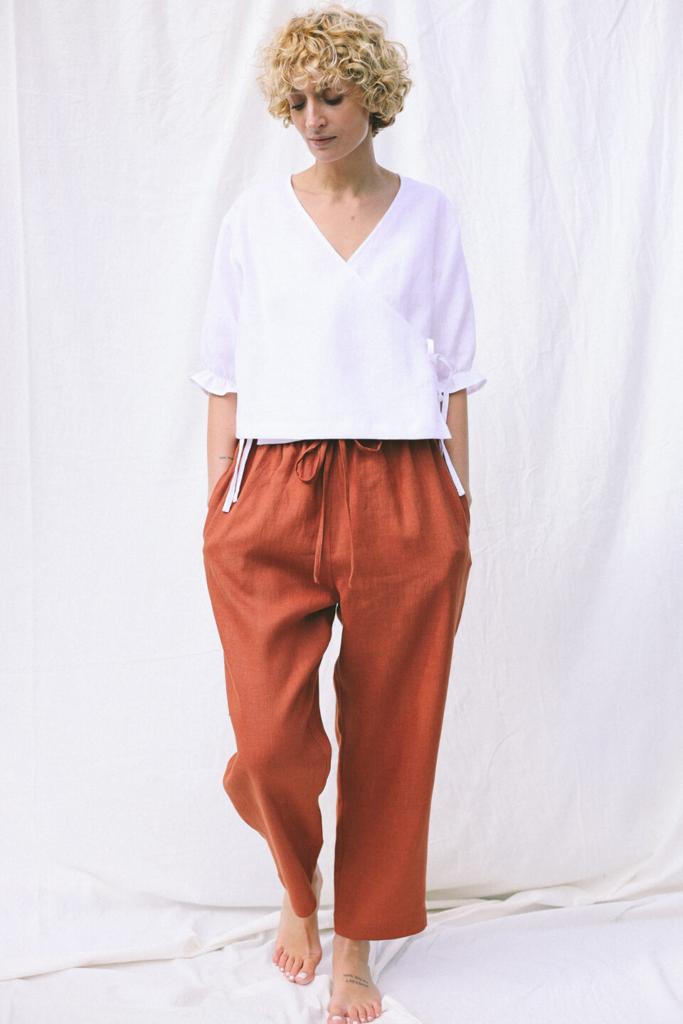 Linen pull on trousers with elastic waistband | Trousers | Sustainable clothing | OffOn clothing